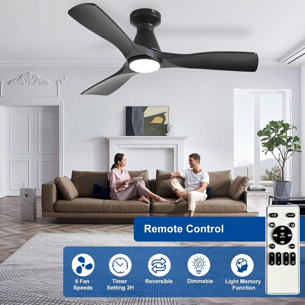 42-Inch Ceiling Fan, Black 3 Blade Flush Mount, Dimmable Indoor Outdoor, Remote - Picture 4 of 7
